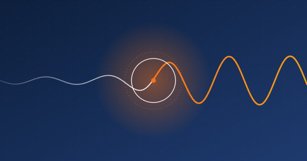 Abstracte illustratie: een kleine golf wordt versterkt tot een grote oranje golf, met een cirkel als symbool voor de expert die stuurt